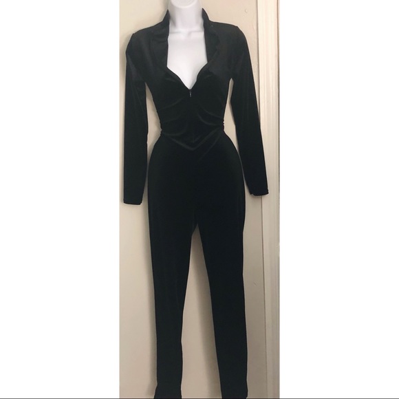 Pants - Black High Neck Zip Front Velvet Jumpsuit